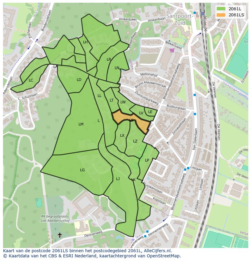 Afbeelding van het postcodegebied 2061 LS op de kaart.