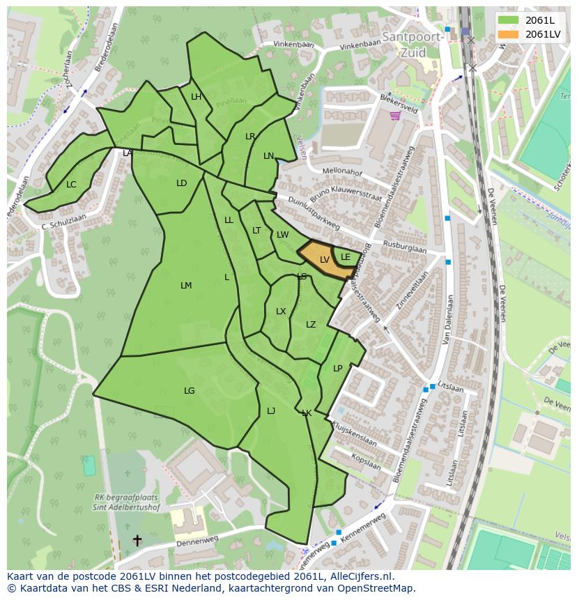 Afbeelding van het postcodegebied 2061 LV op de kaart.