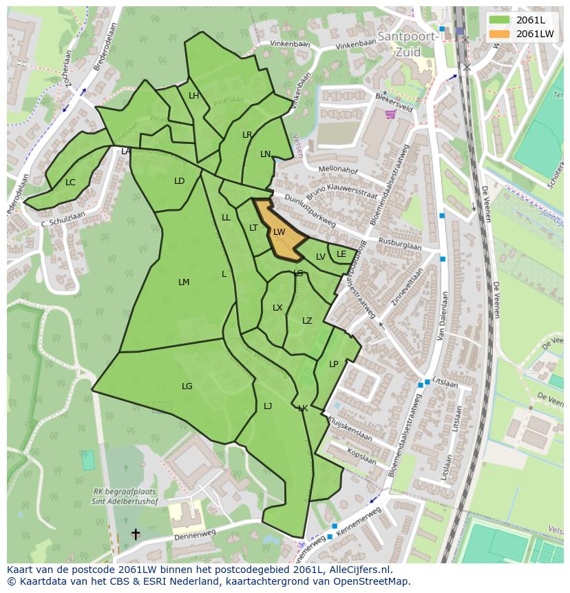 Afbeelding van het postcodegebied 2061 LW op de kaart.