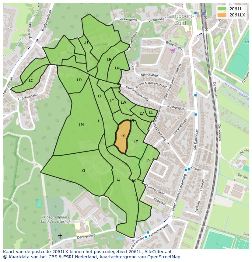 Afbeelding van het postcodegebied 2061 LX op de kaart.
