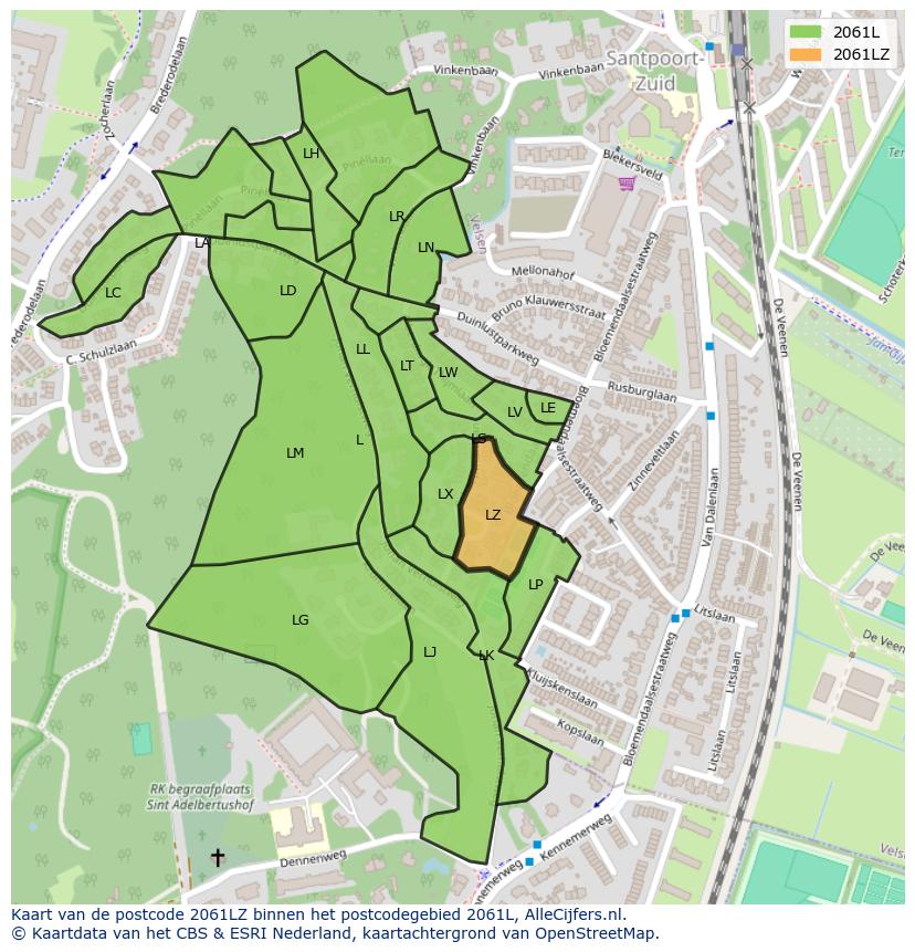 Afbeelding van het postcodegebied 2061 LZ op de kaart.