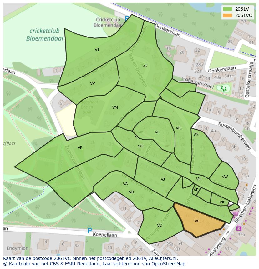 Afbeelding van het postcodegebied 2061 VC op de kaart.