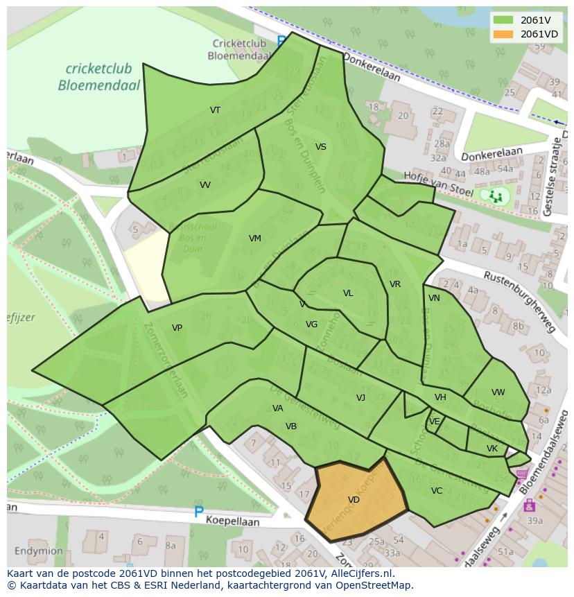 Afbeelding van het postcodegebied 2061 VD op de kaart.
