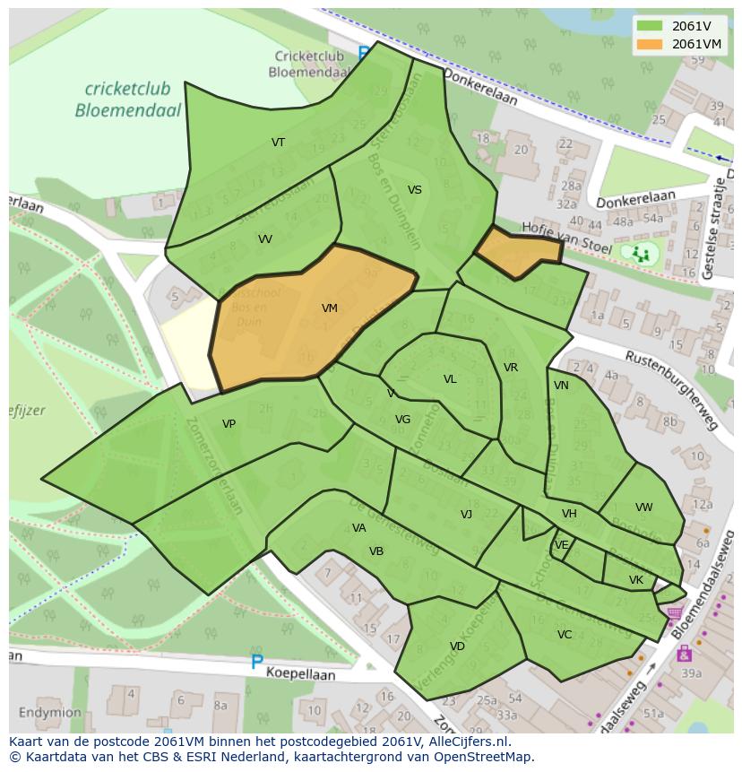 Afbeelding van het postcodegebied 2061 VM op de kaart.