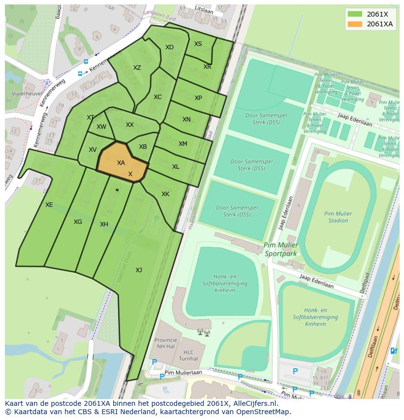 Afbeelding van het postcodegebied 2061 XA op de kaart.