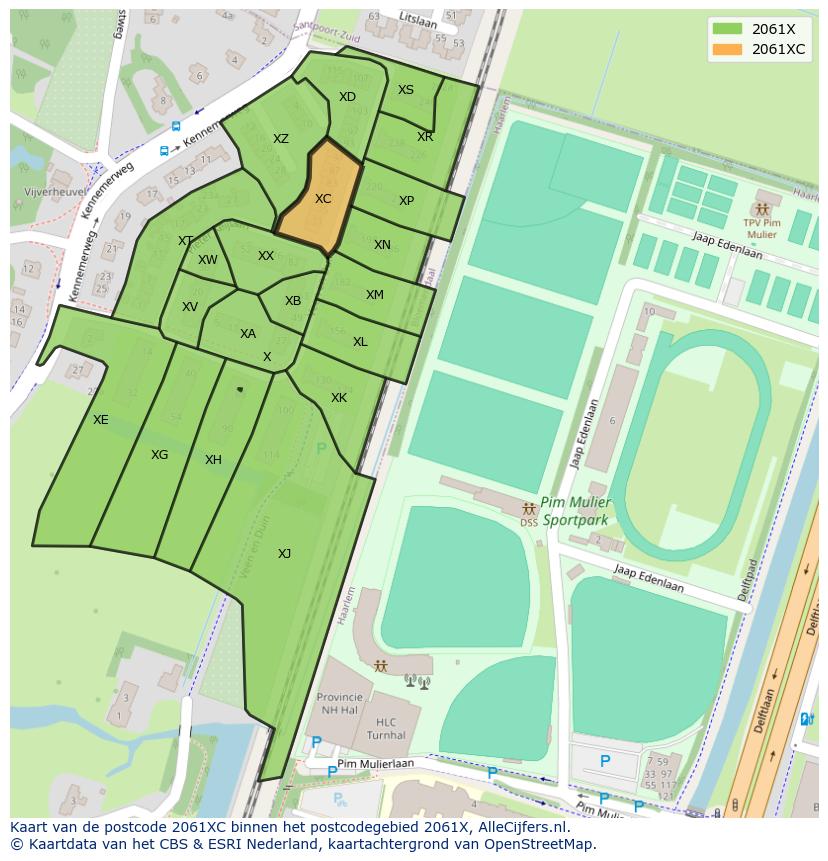 Afbeelding van het postcodegebied 2061 XC op de kaart.
