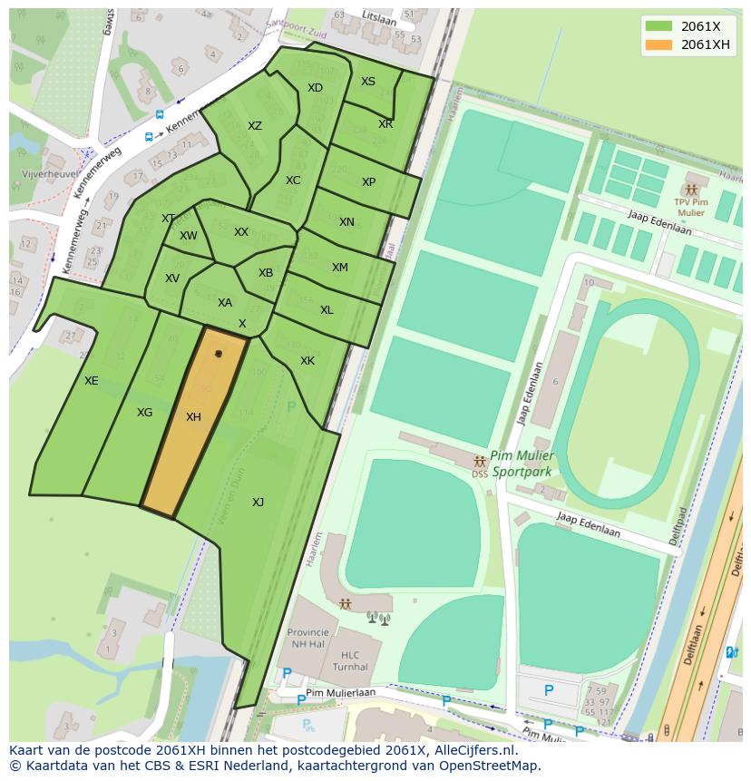 Afbeelding van het postcodegebied 2061 XH op de kaart.