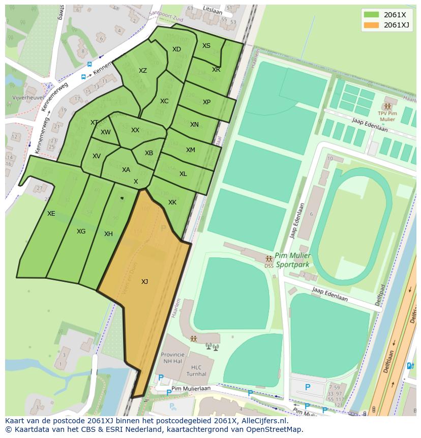 Afbeelding van het postcodegebied 2061 XJ op de kaart.