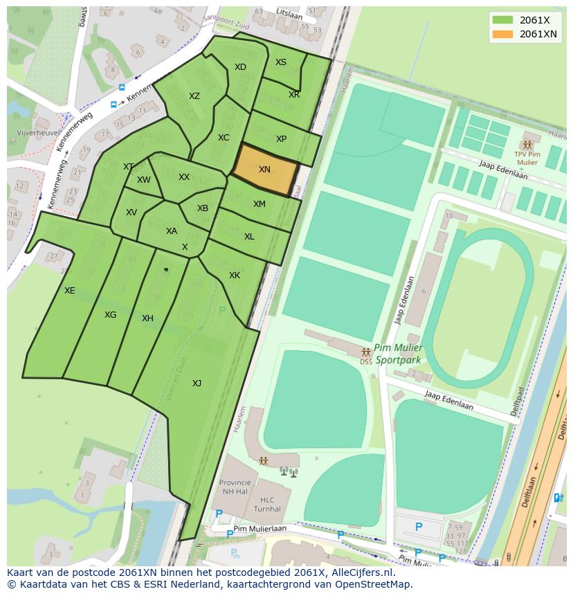 Afbeelding van het postcodegebied 2061 XN op de kaart.