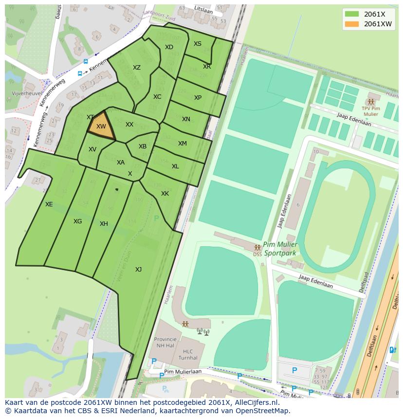 Afbeelding van het postcodegebied 2061 XW op de kaart.
