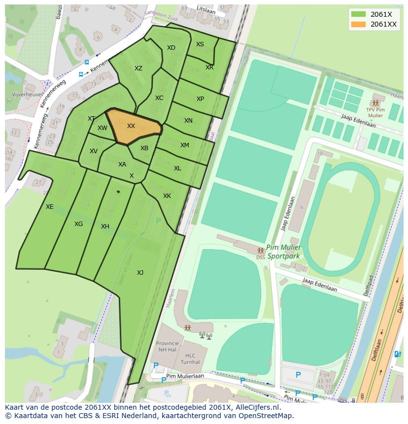 Afbeelding van het postcodegebied 2061 XX op de kaart.