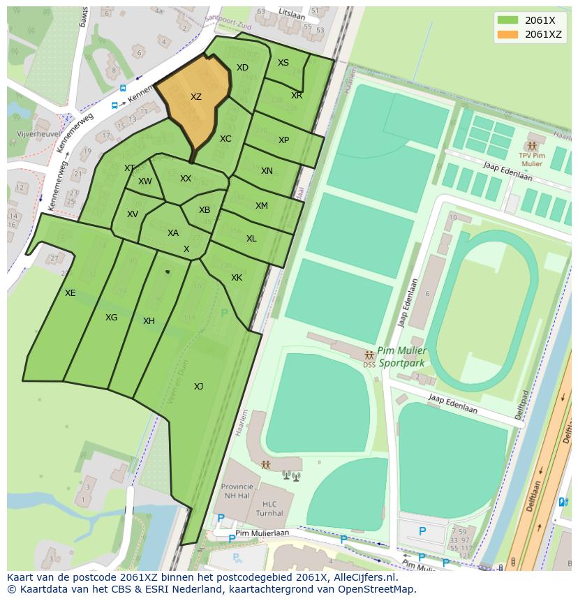 Afbeelding van het postcodegebied 2061 XZ op de kaart.