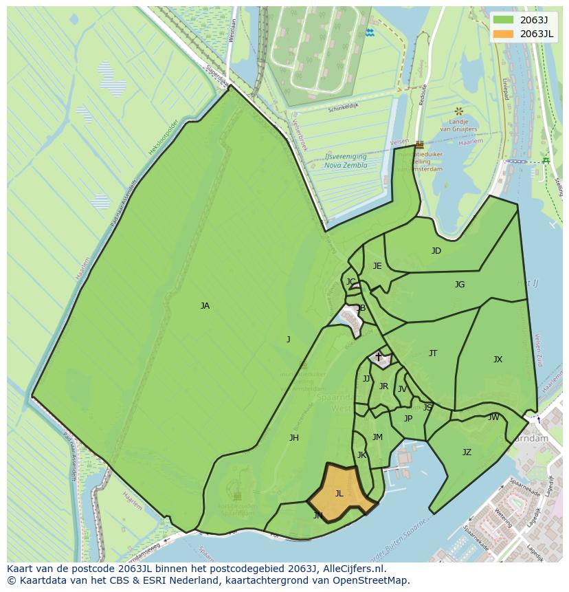 Afbeelding van het postcodegebied 2063 JL op de kaart.