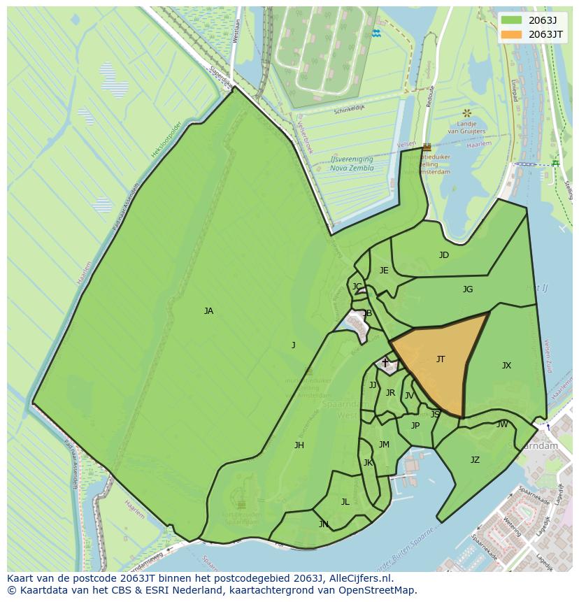 Afbeelding van het postcodegebied 2063 JT op de kaart.