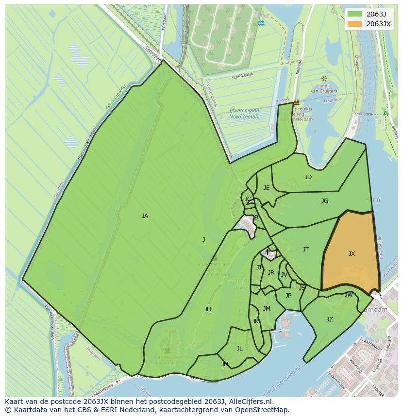 Afbeelding van het postcodegebied 2063 JX op de kaart.
