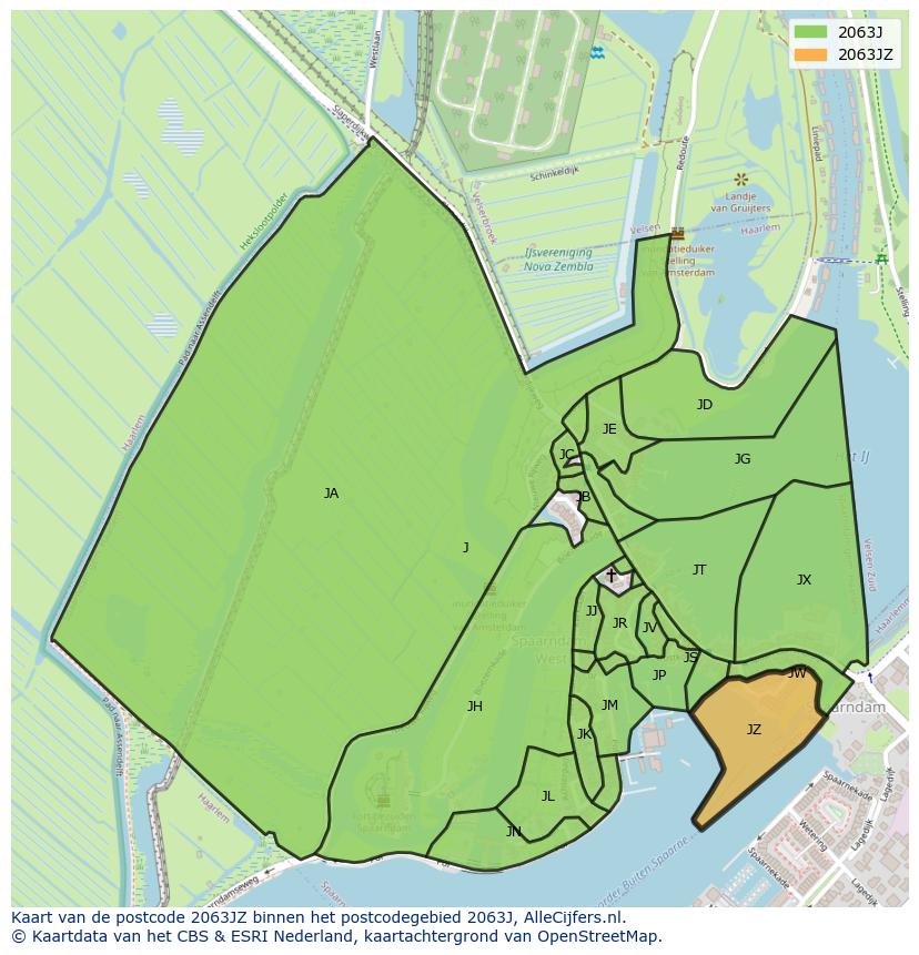 Afbeelding van het postcodegebied 2063 JZ op de kaart.