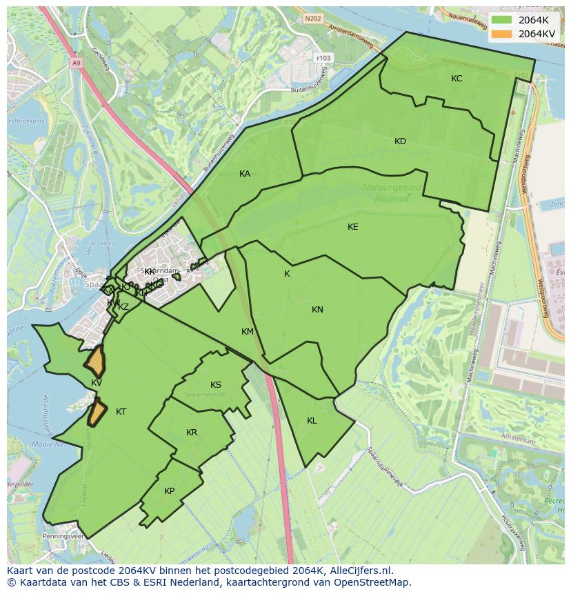 Afbeelding van het postcodegebied 2064 KV op de kaart.