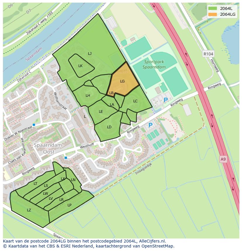Afbeelding van het postcodegebied 2064 LG op de kaart.