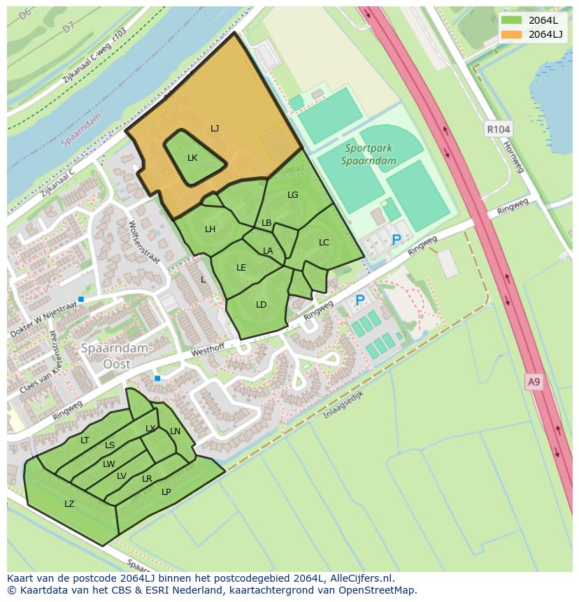 Afbeelding van het postcodegebied 2064 LJ op de kaart.
