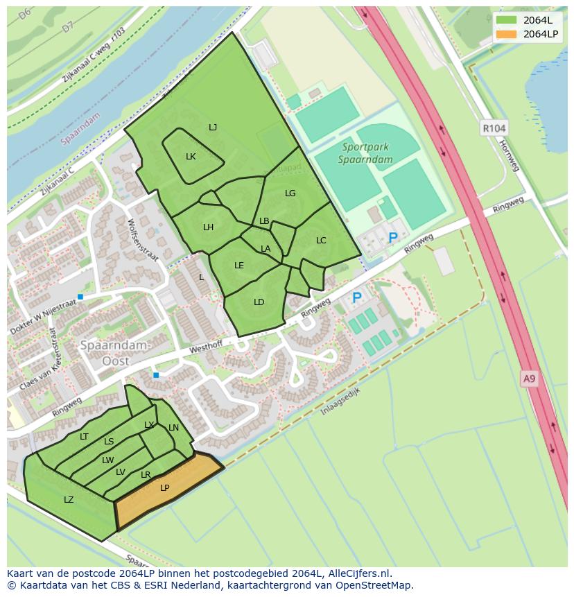 Afbeelding van het postcodegebied 2064 LP op de kaart.