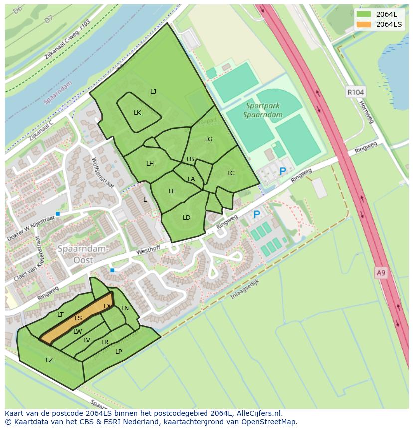 Afbeelding van het postcodegebied 2064 LS op de kaart.