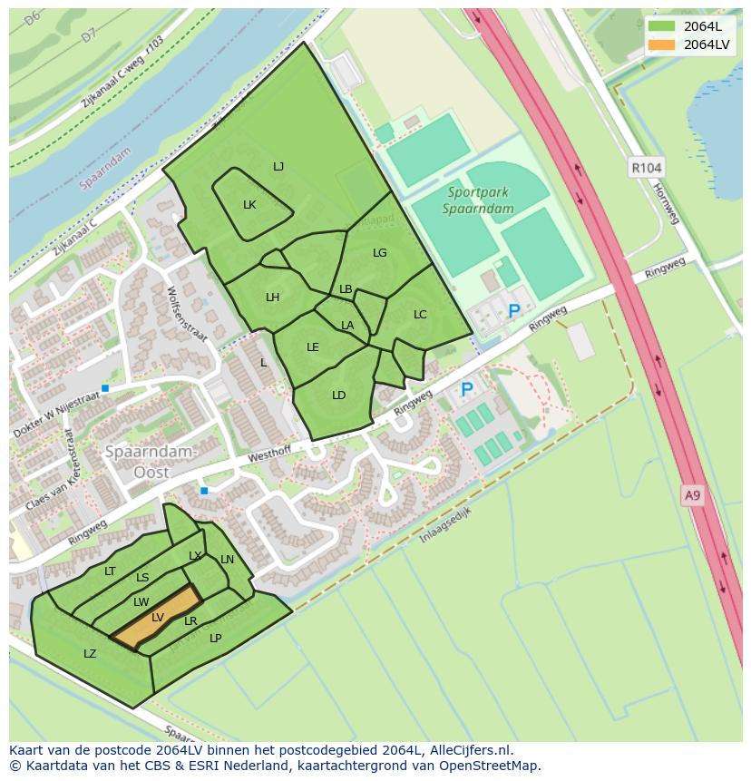 Afbeelding van het postcodegebied 2064 LV op de kaart.