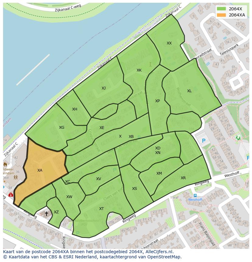 Afbeelding van het postcodegebied 2064 XA op de kaart.