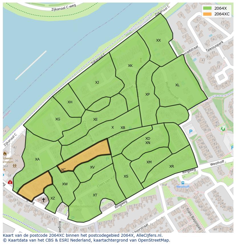 Afbeelding van het postcodegebied 2064 XC op de kaart.