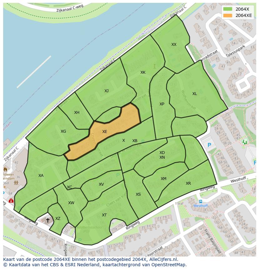 Afbeelding van het postcodegebied 2064 XE op de kaart.