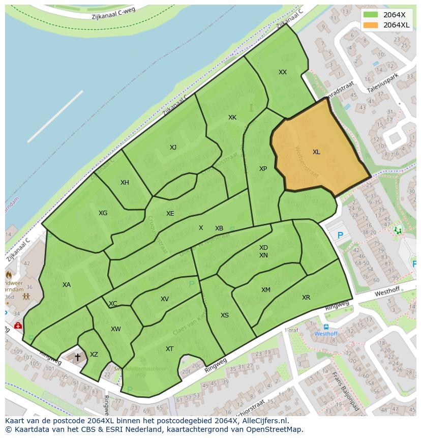 Afbeelding van het postcodegebied 2064 XL op de kaart.