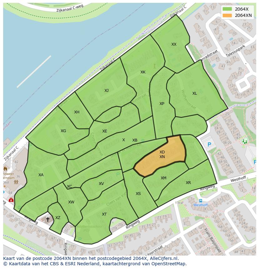 Afbeelding van het postcodegebied 2064 XN op de kaart.