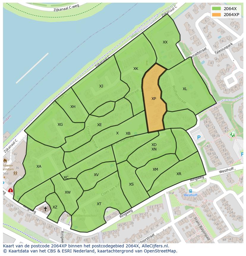 Afbeelding van het postcodegebied 2064 XP op de kaart.