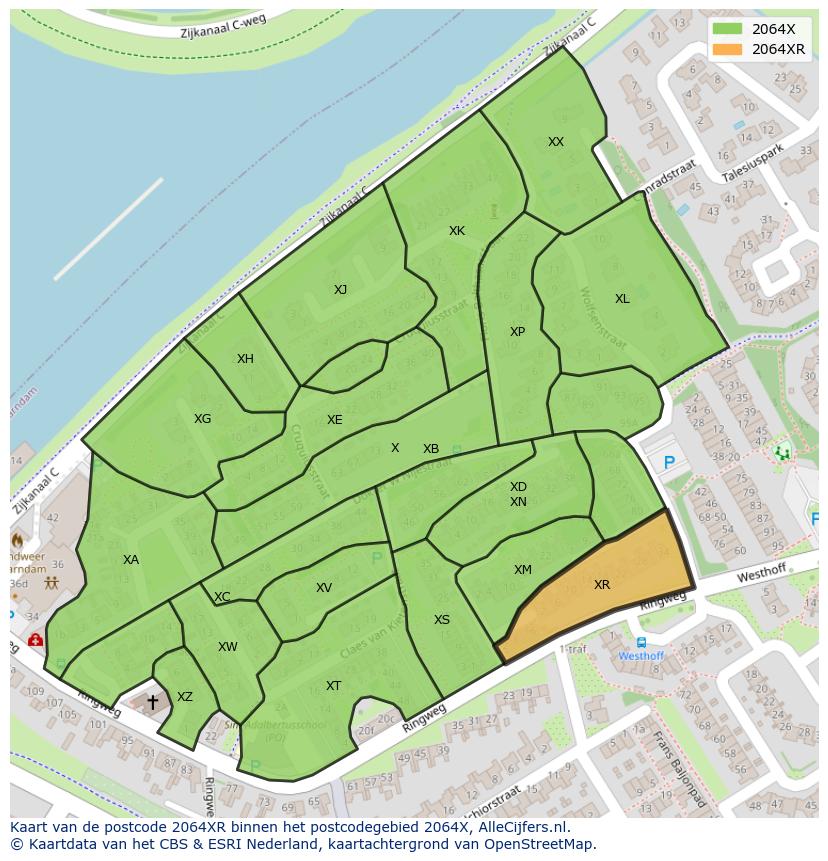 Afbeelding van het postcodegebied 2064 XR op de kaart.