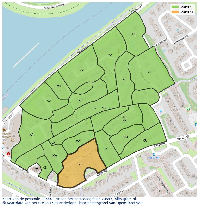 Afbeelding van het postcodegebied 2064 XT op de kaart.