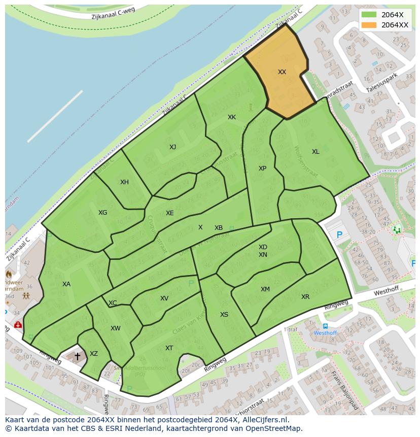 Afbeelding van het postcodegebied 2064 XX op de kaart.