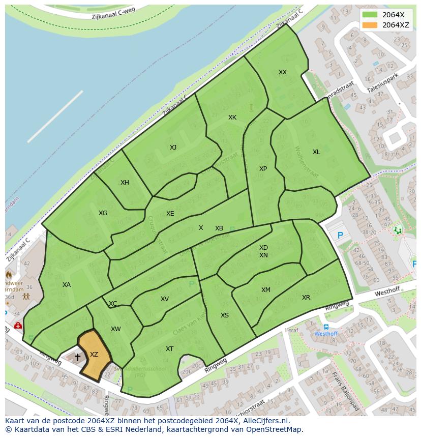 Afbeelding van het postcodegebied 2064 XZ op de kaart.