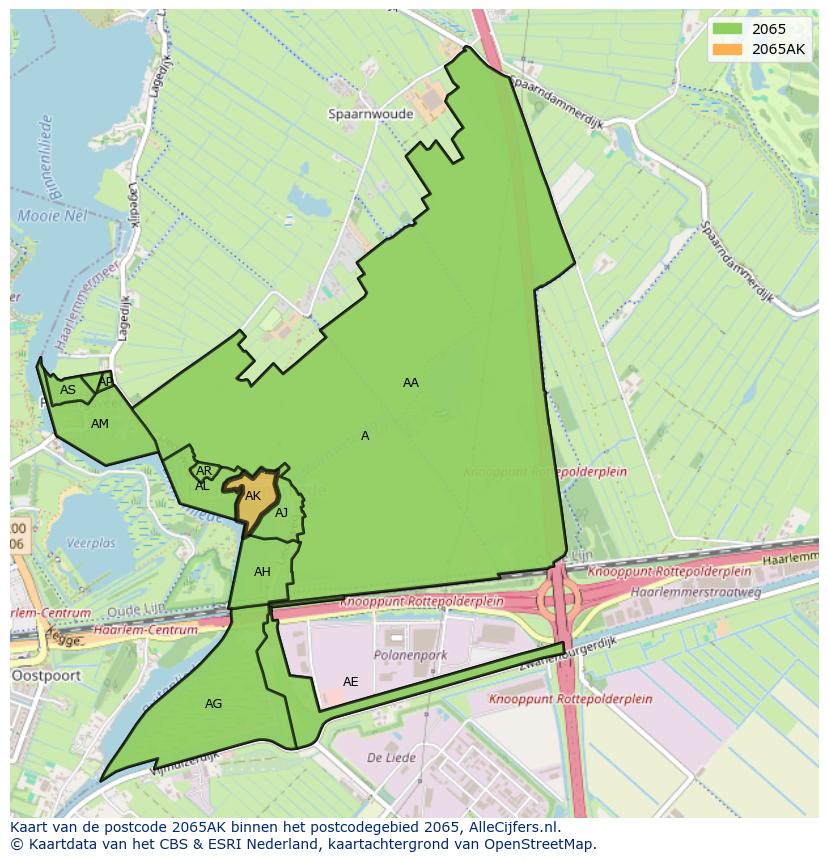 Afbeelding van het postcodegebied 2065 AK op de kaart.
