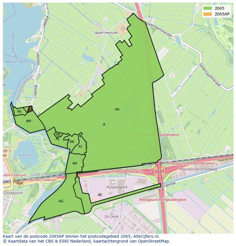 Afbeelding van het postcodegebied 2065 AP op de kaart.