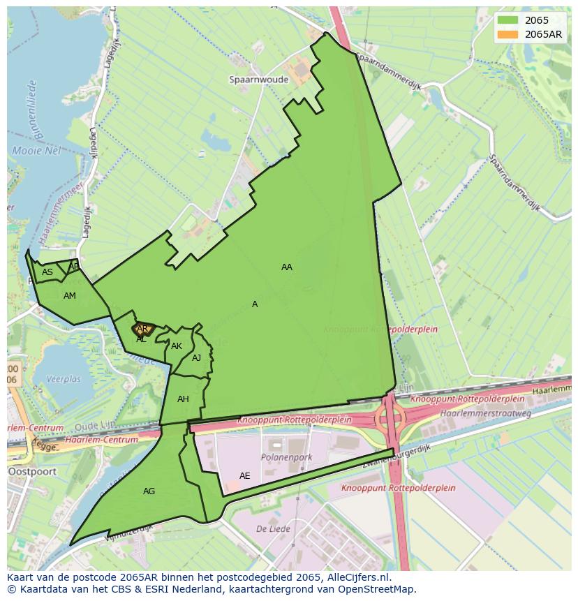 Afbeelding van het postcodegebied 2065 AR op de kaart.