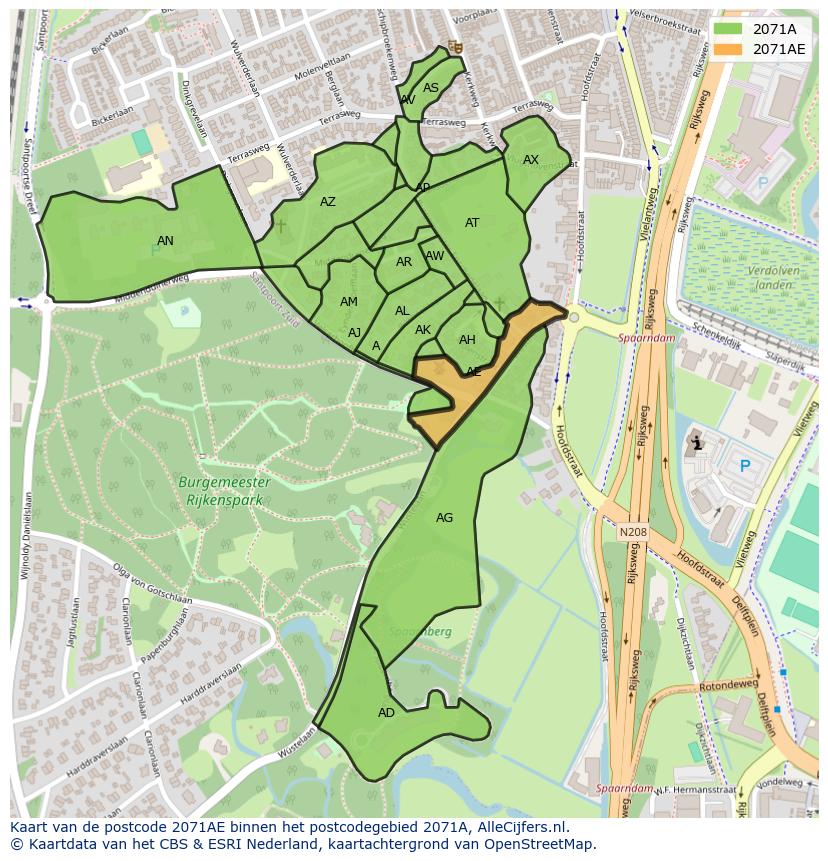 Afbeelding van het postcodegebied 2071 AE op de kaart.
