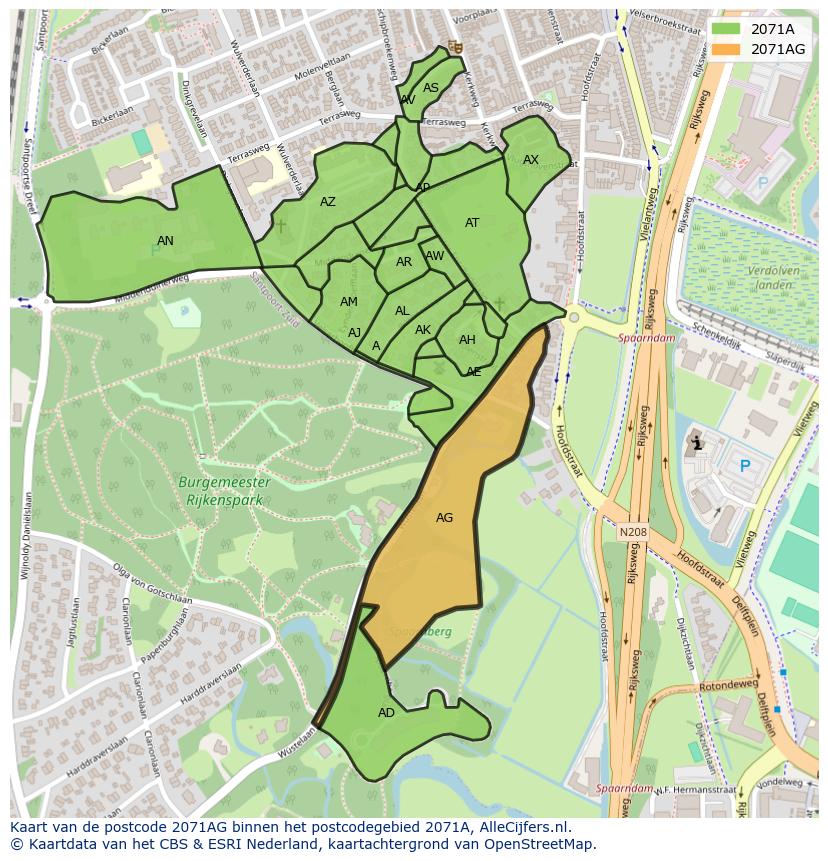 Afbeelding van het postcodegebied 2071 AG op de kaart.