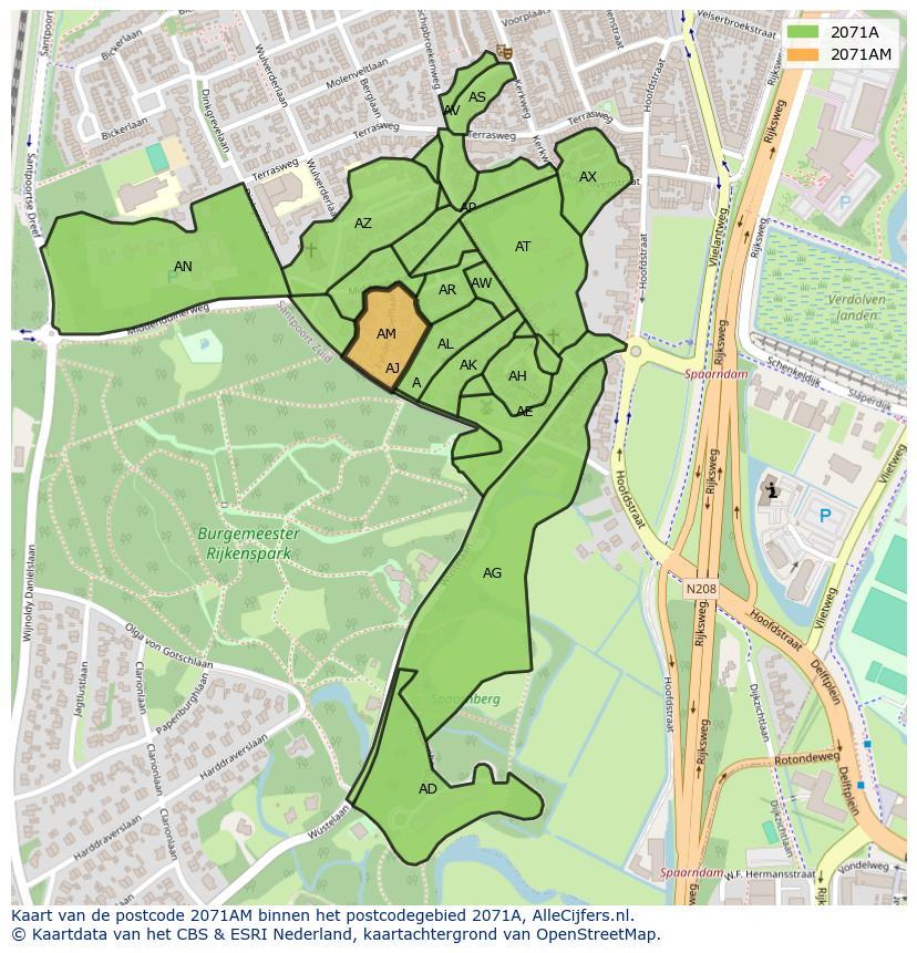 Afbeelding van het postcodegebied 2071 AM op de kaart.