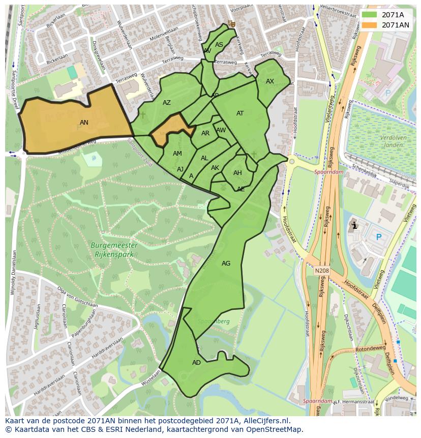 Afbeelding van het postcodegebied 2071 AN op de kaart.
