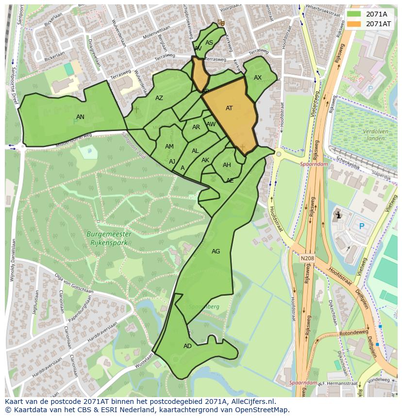 Afbeelding van het postcodegebied 2071 AT op de kaart.