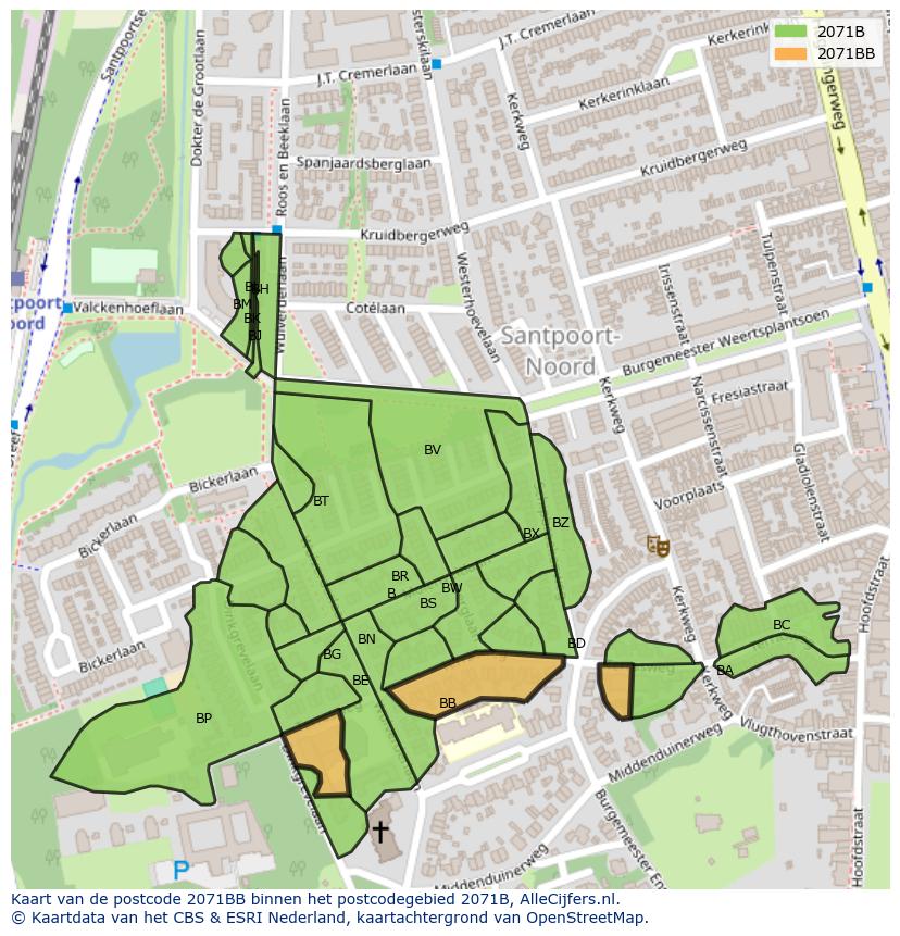 Afbeelding van het postcodegebied 2071 BB op de kaart.