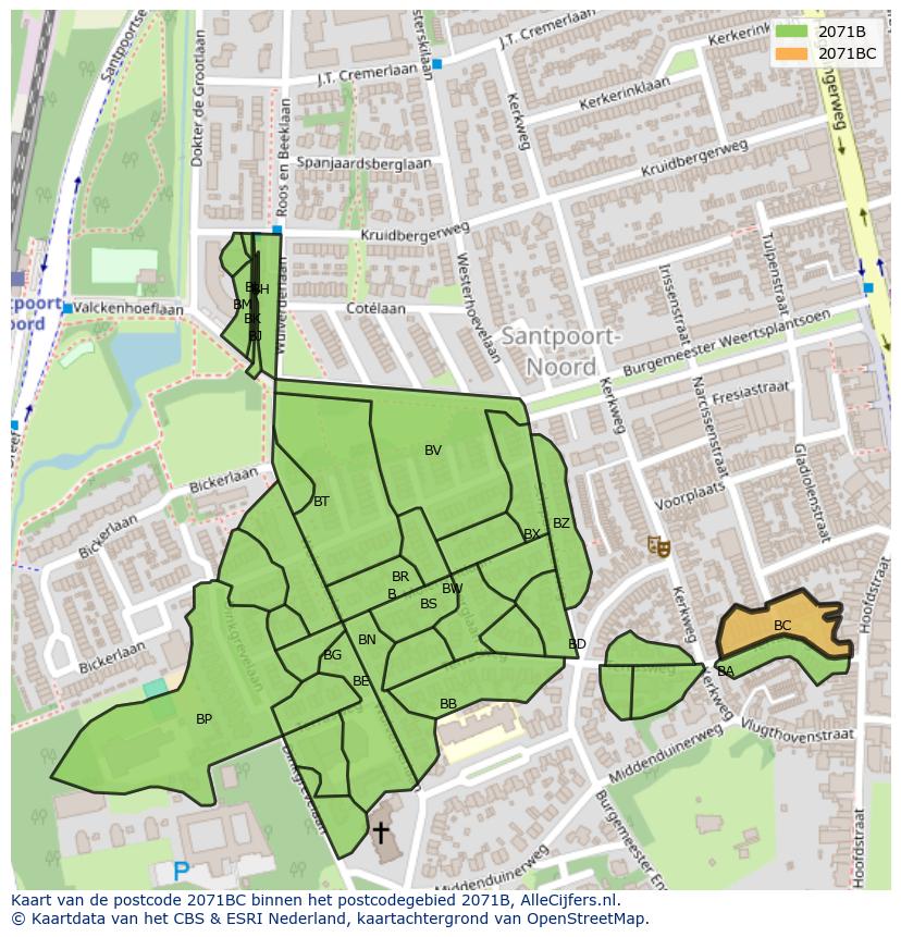 Afbeelding van het postcodegebied 2071 BC op de kaart.