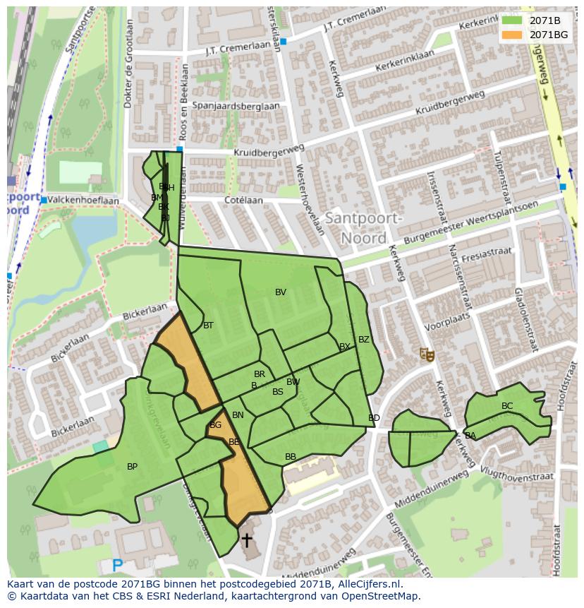 Afbeelding van het postcodegebied 2071 BG op de kaart.