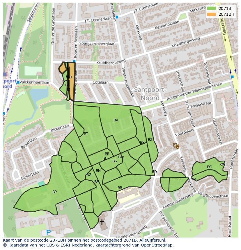 Afbeelding van het postcodegebied 2071 BH op de kaart.