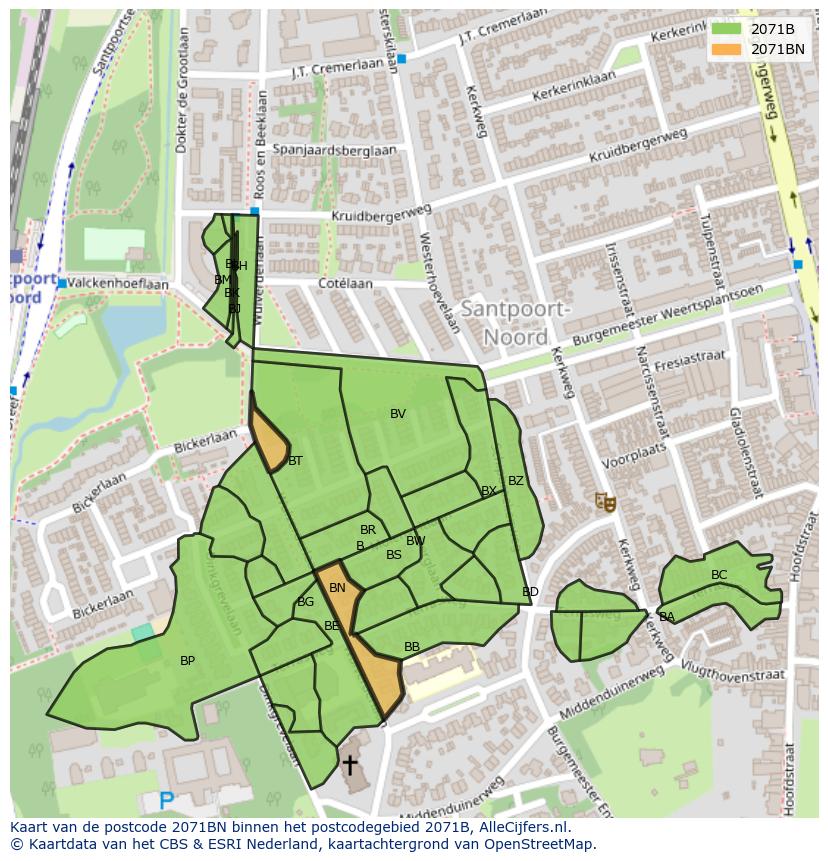 Afbeelding van het postcodegebied 2071 BN op de kaart.