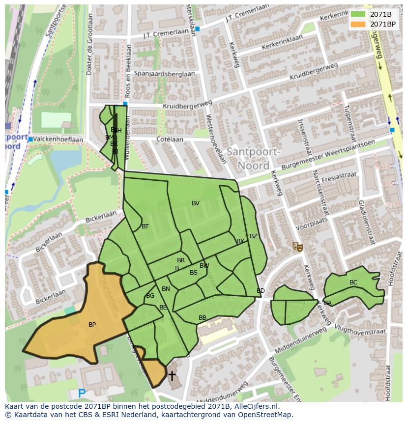 Afbeelding van het postcodegebied 2071 BP op de kaart.